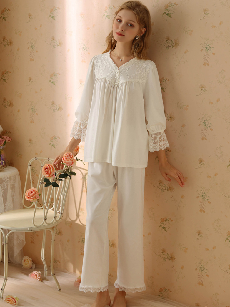 Lace Cotton V Neck Casual  Long Sleeve Pajama Set