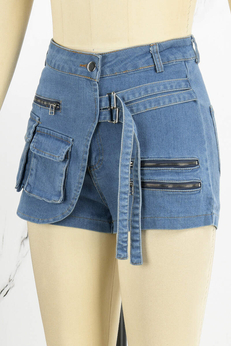 Deep Blue Casual Solid Patchwork Mid Waist Skinny Denim Shorts