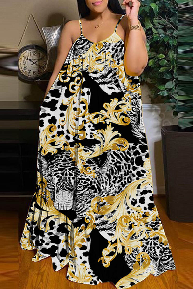 Black Yellow Sexy Casual Print Backless Spaghetti Strap Long Dress Dresses