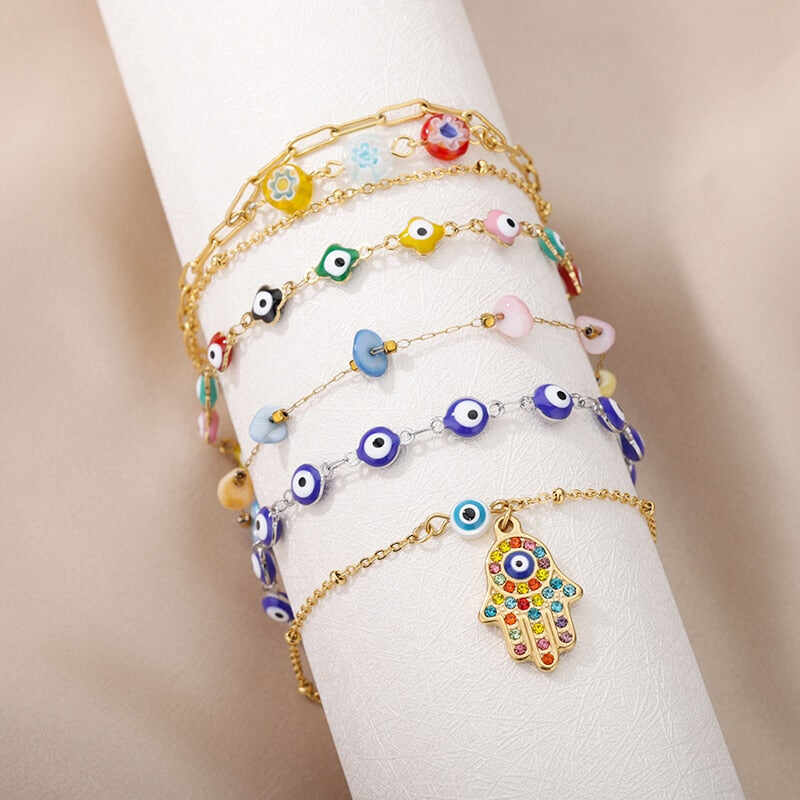 Stainless Steel Evil Eye Anklets For Women Enamel Round Leg Chain Blue Evil Eye Anklets Bracelet Summer Beach Foot Jewelry Gift