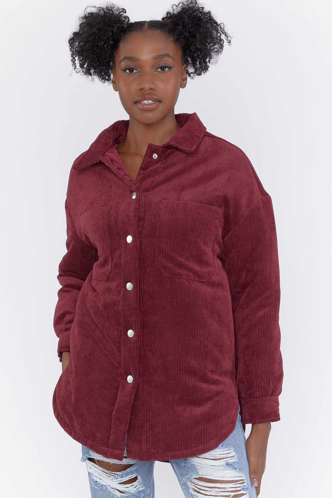 Women Apparel | Corduroy Puffer Shacket Burgundy Forever21 - HF85532