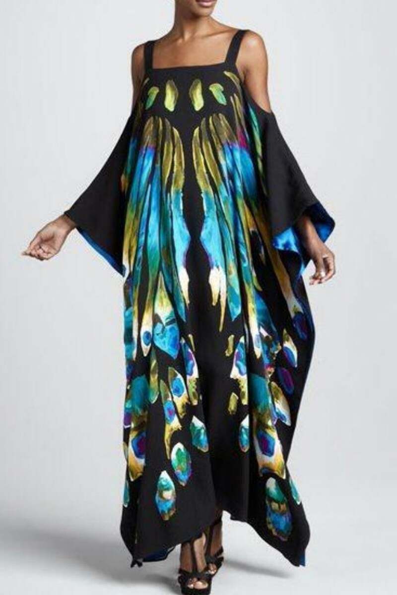 Black Casual Print Asymmetrical Square Collar Long Dress Dresses