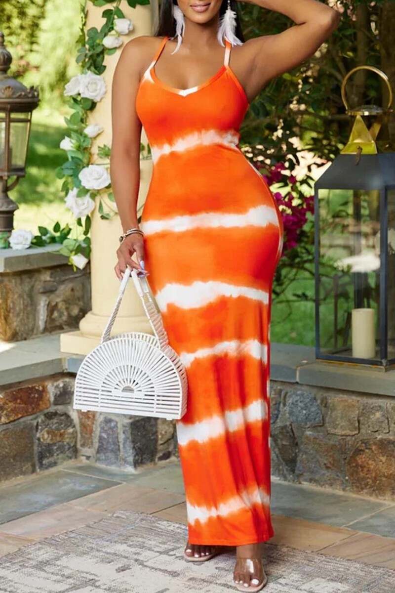 Orange Sexy Casual Print Backless Spaghetti Strap Long Dress Dresses