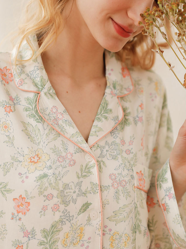 Elegant V Neck Floral Loose Long Sleeve Pajama Set