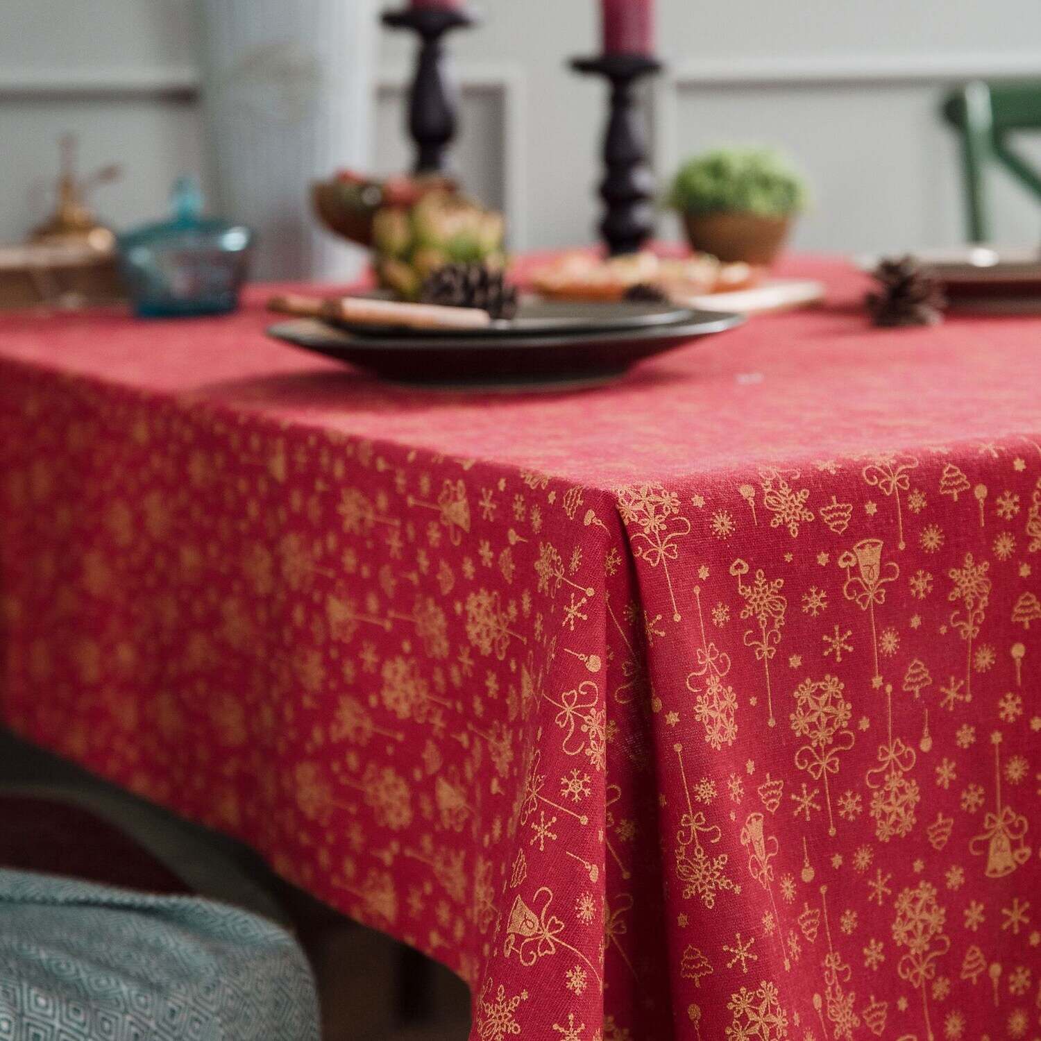 Christmas Snowflake Cotton Linen Rectangle Tablecloth for Kitchen Dining, Party, Holiday, Christmas, Buffet