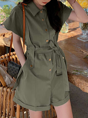 Women Jumpsuits & Rompers | Solid Belt Button Front Pocket Short Sleeve Lapel Cargo Romper - EZ35724