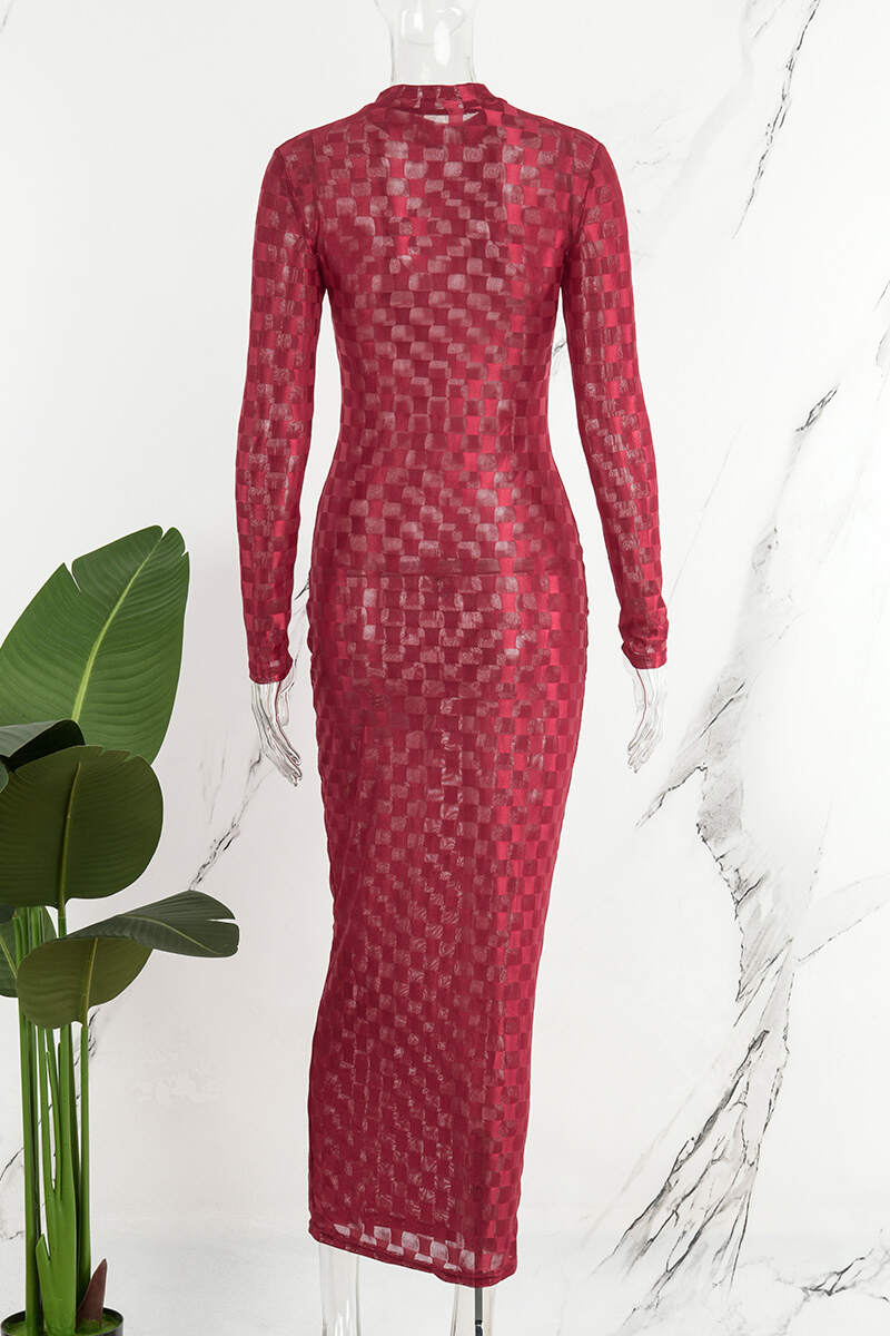 Red Sexy Plaid See-through Turtleneck Long Sleeve Dresses