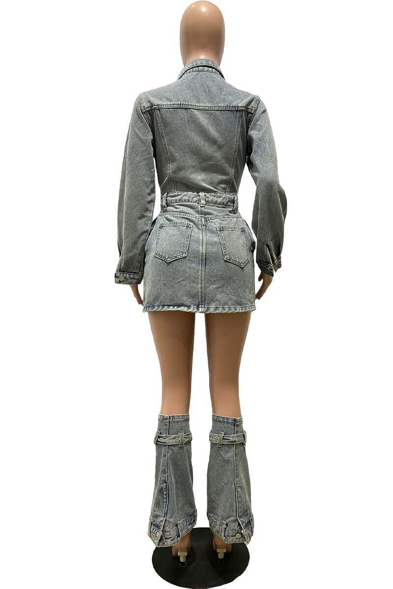 Blue Casual Solid Patchwork Turndown Collar Long Sleeve Regular Denim Dresses (With Pantyhose)