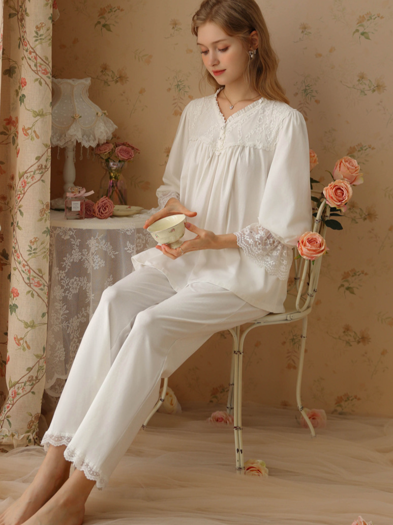 Lace Cotton V Neck Casual  Long Sleeve Pajama Set