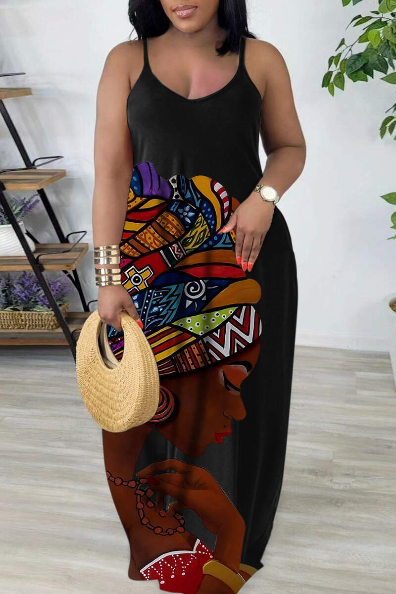 Black Red Sexy Casual Print Backless Spaghetti Strap Long Dress Dresses