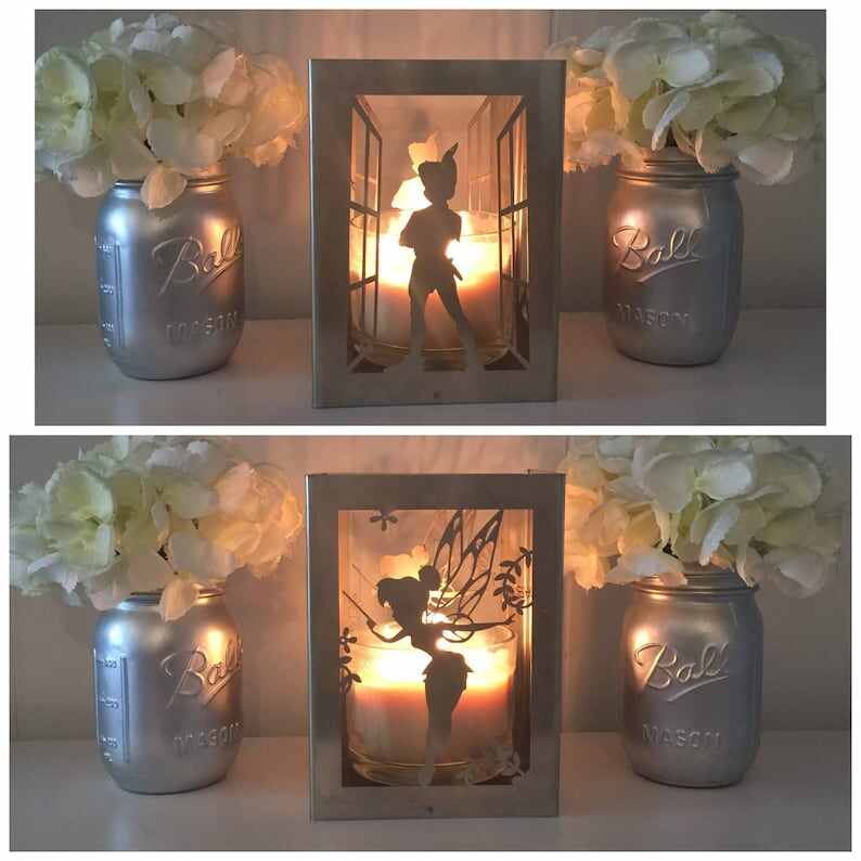 Peter Pan and Tinkerbell metal candle holder, Lantern, Centerpiece,Disney Home decor, Utensil holder, Disney Gift