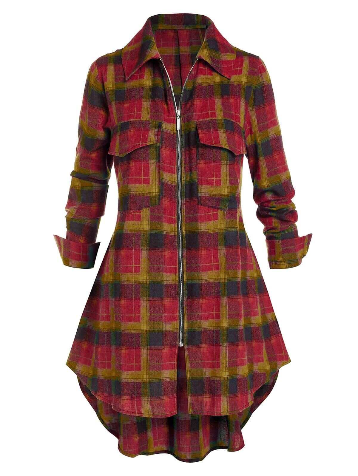 Plus Size Plaid Flap Pocket Zip Curved Hem Blouse