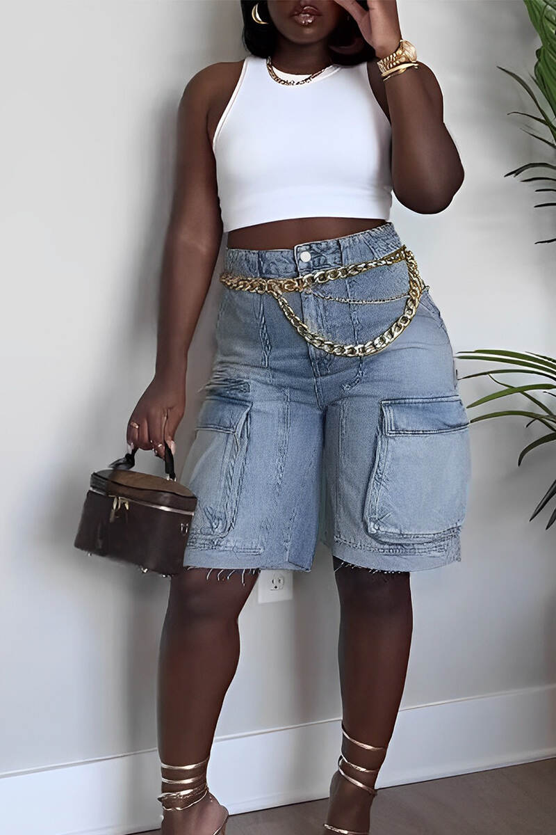 Light Blue Casual Solid Patchwork Pocket Buttons Zipper High Waist Straight Denim Shorts(No Belt)