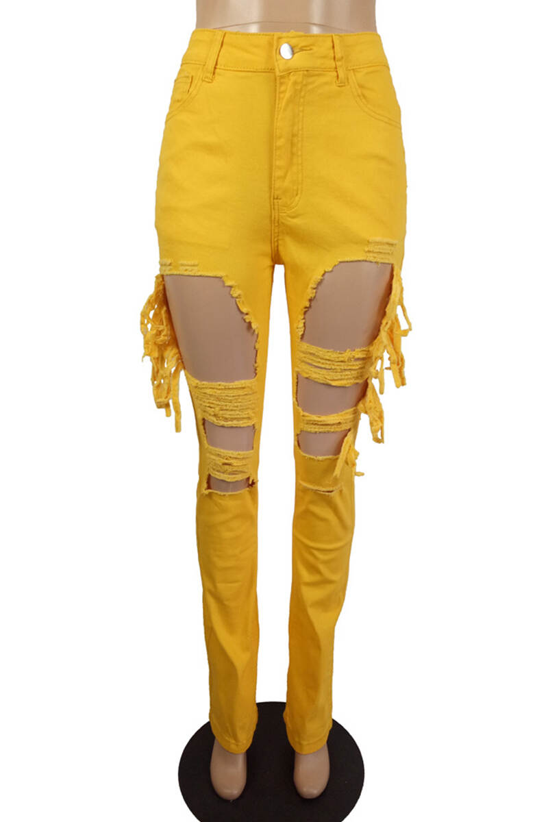 Yellow Casual Solid Tassel Ripped Mid Waist Skinny Denim Jeans