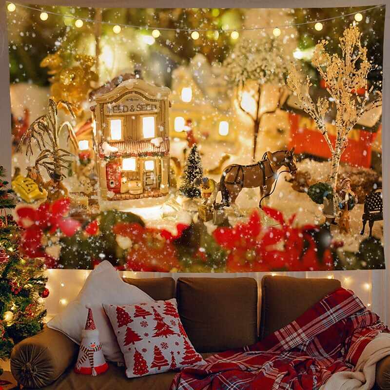 Christmas Decor LED Lights Wall Tapestry Santa Claus Christmas Tree Print