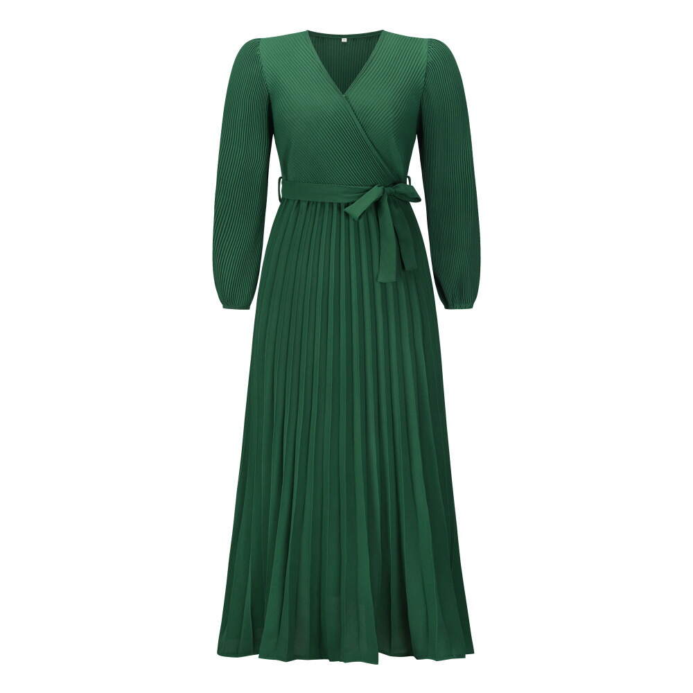 V-neck long-sleeved pleated A-line women's dress