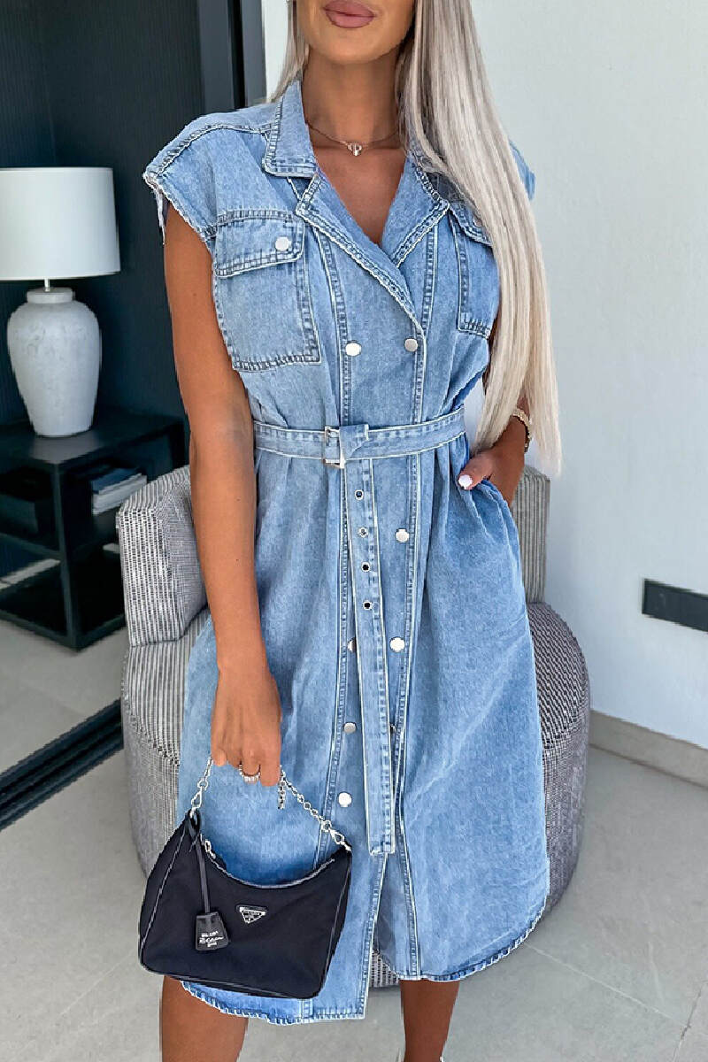 Medium Blue Casual Solid Patchwork With Belt Turndown Collar Sleeveless Regular Denim Dresses