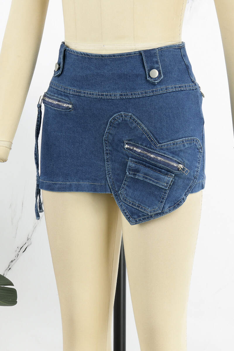 The cowboy blue Casual Solid Patchwork High Waist Skinny Denim Skirts