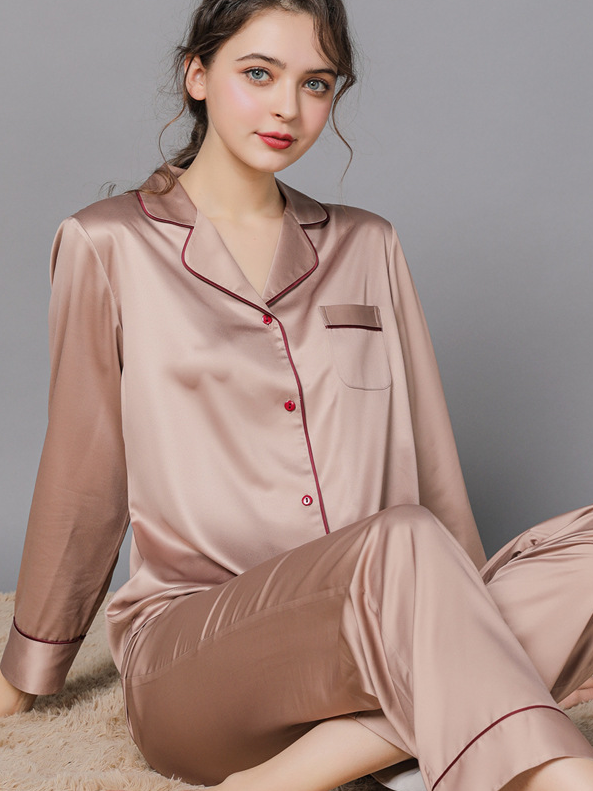 Ice Silk Plain Shawl Collar Casual Long Sleeve Couple Pajama Set