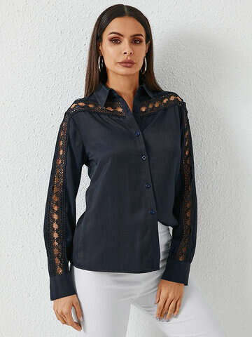 Women Blouses & Shirts | Lace Stitch Solid Lapel Long Sleeve Button Down Shirt - HR14264