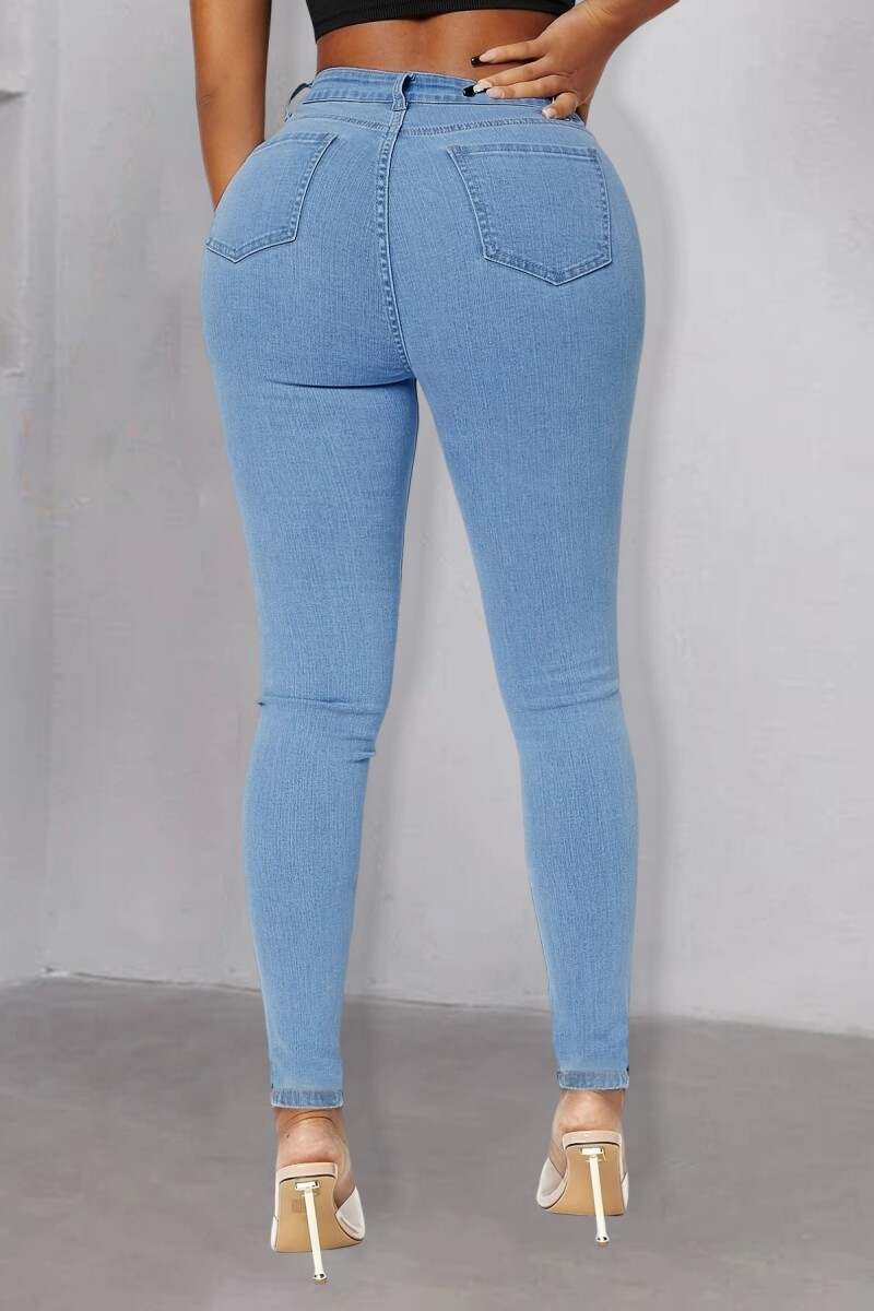 Medium Blue Casual Patchwork Ripped Beading High Waist Skinny Denim Jeans (Subject To The Actual Object)