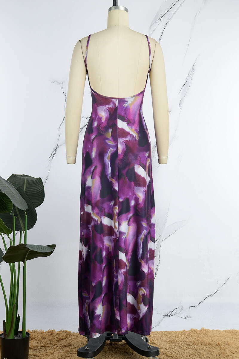 Purple Sexy Casual Print Backless Spaghetti Strap Long Dress Dresses