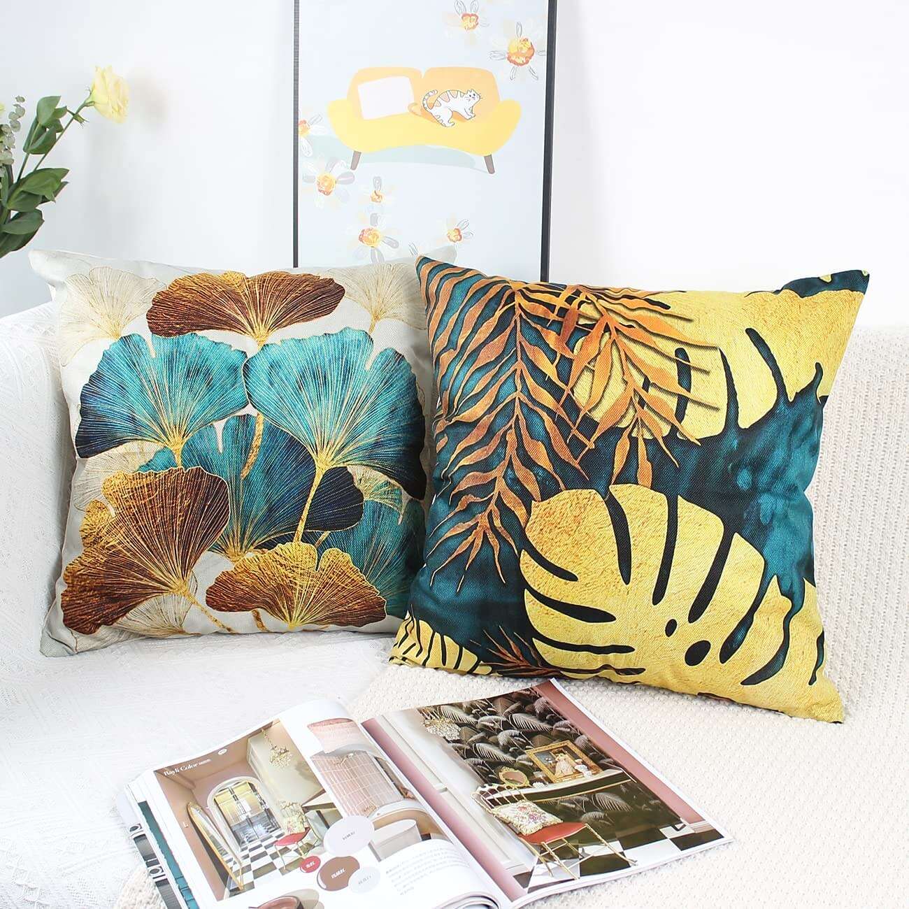 Set of 4 Throw Pillow Cases Open Branches and Loose Leaves Faux Linen Square Decorative Throw Pillow Cases Sofa Cushion Covers Outdoor Cushion for Sofa Couch Bed Chair Golden