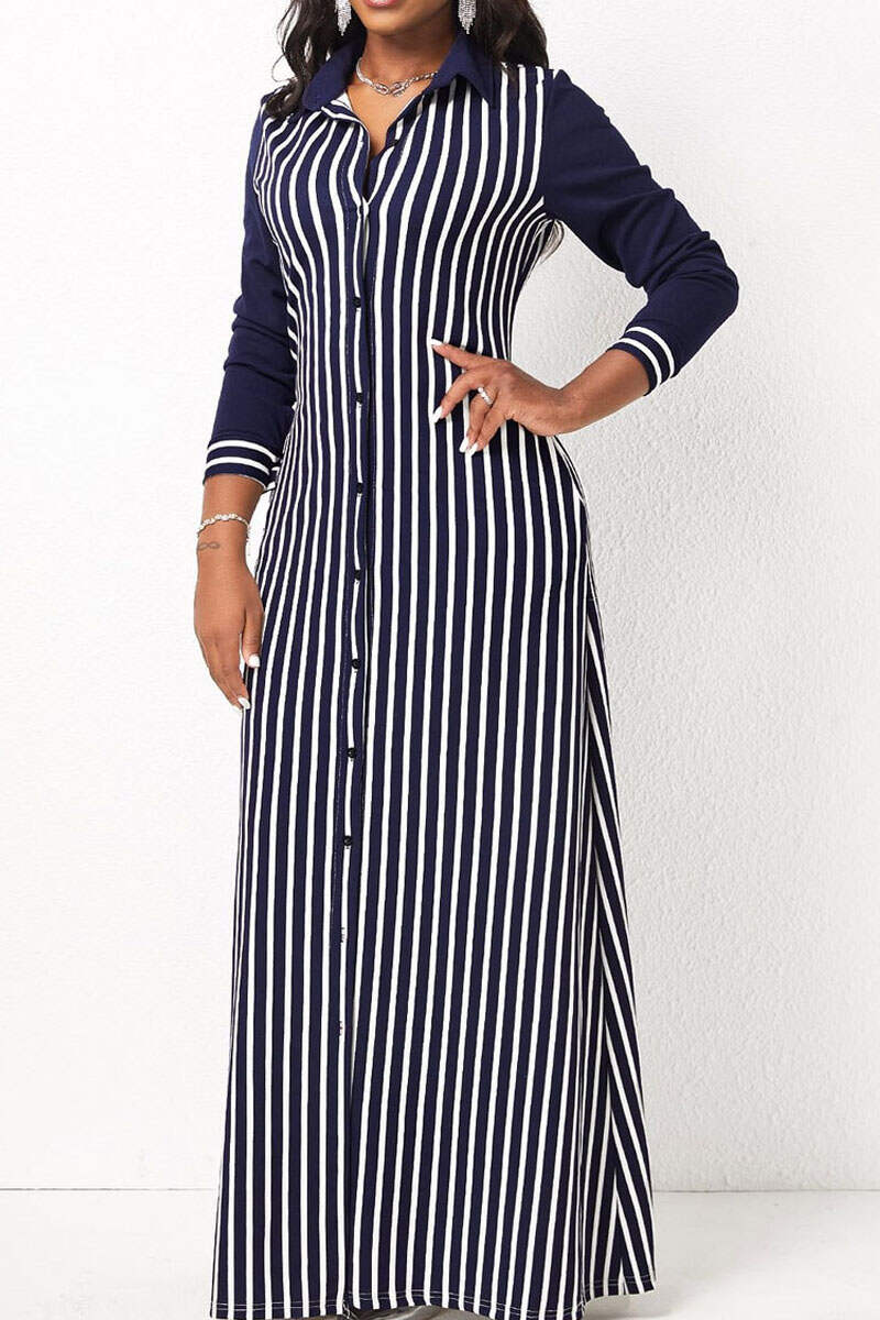 Blue Casual Striped Print Patchwork Buckle Turndown Collar Shirt Dress Dresses