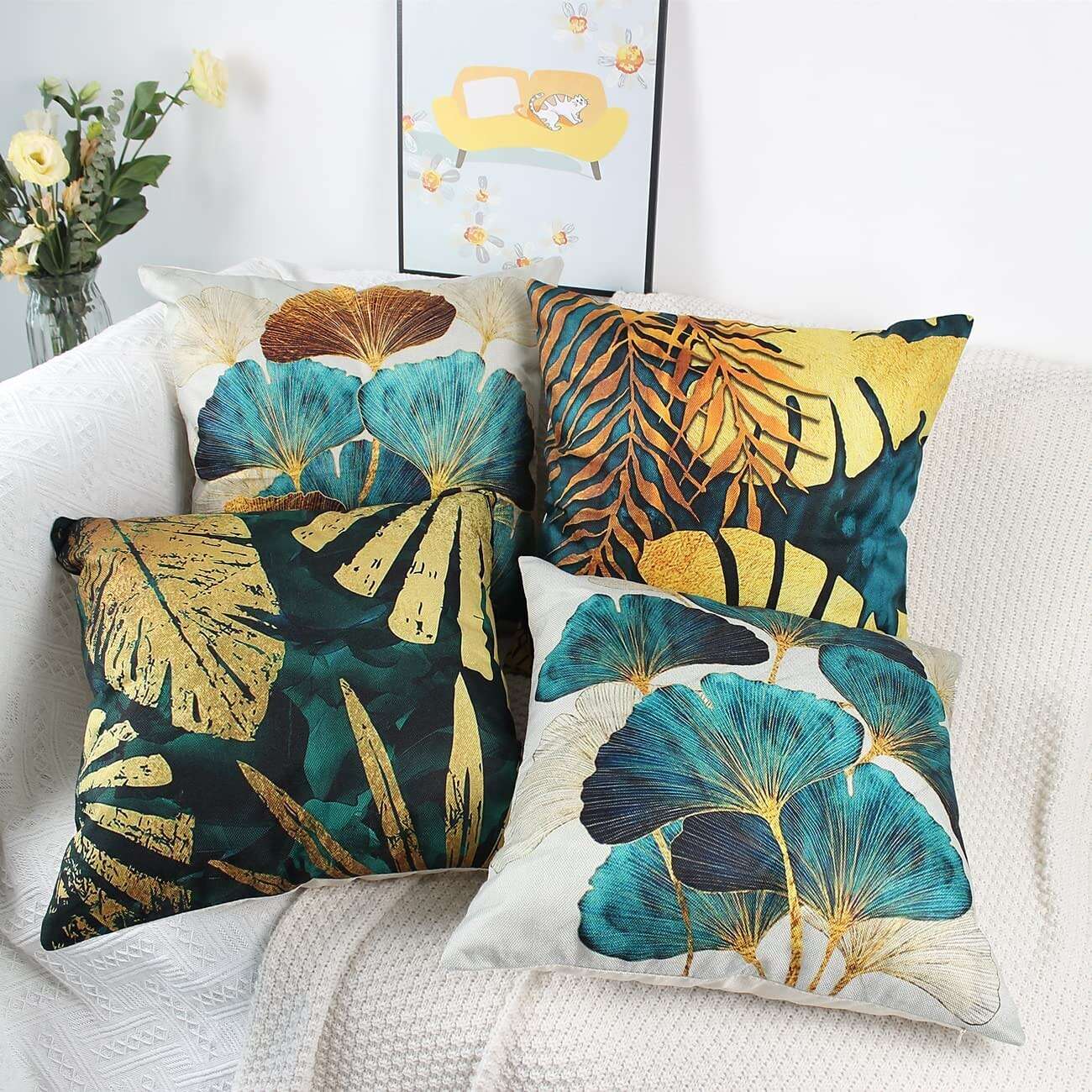 Set of 4 Throw Pillow Cases Open Branches and Loose Leaves Faux Linen Square Decorative Throw Pillow Cases Sofa Cushion Covers Outdoor Cushion for Sofa Couch Bed Chair Golden