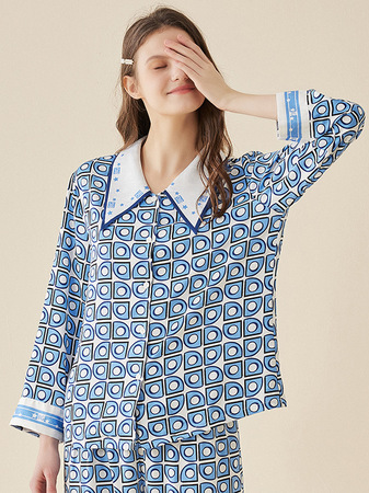 Geometric Print Ice Silk Couple Long Sleeve Pajamas Set