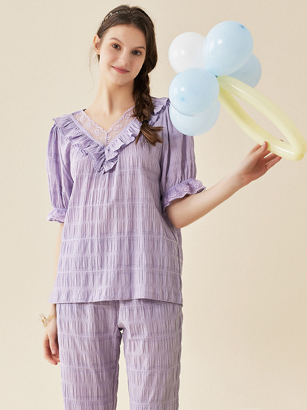 Plain Loose Simple Cotton Short Sleeve Pajama Set