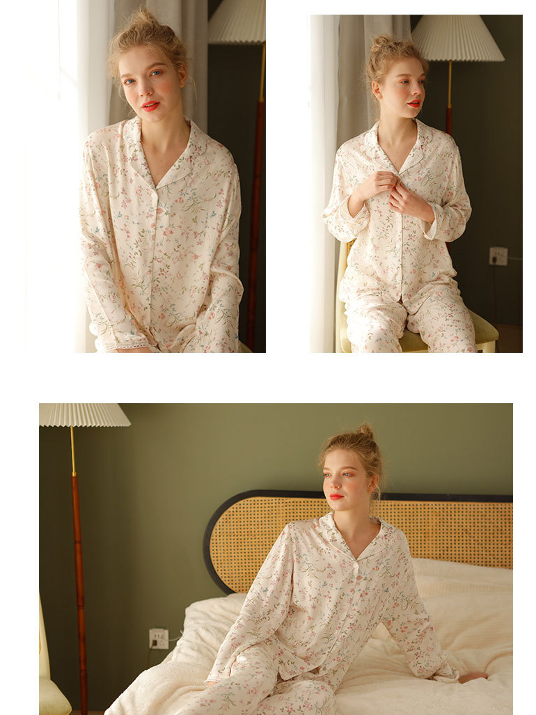 Simple Shawl Collar Stain Lace Long Sleeve Pajama Set