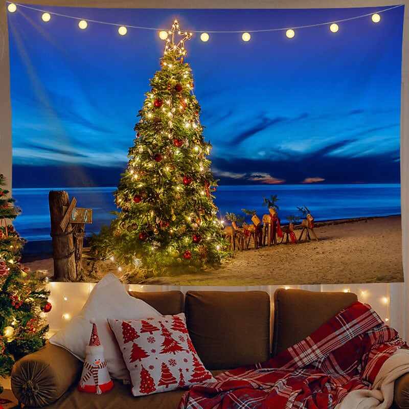 Christmas Decor LED Lights Wall Tapestry Snow Forest Christmas Tree Print