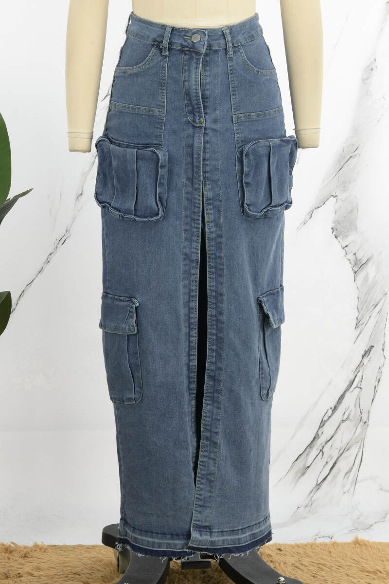 Deep Blue Casual Solid Patchwork Slit High Waist Regular Denim Skirts