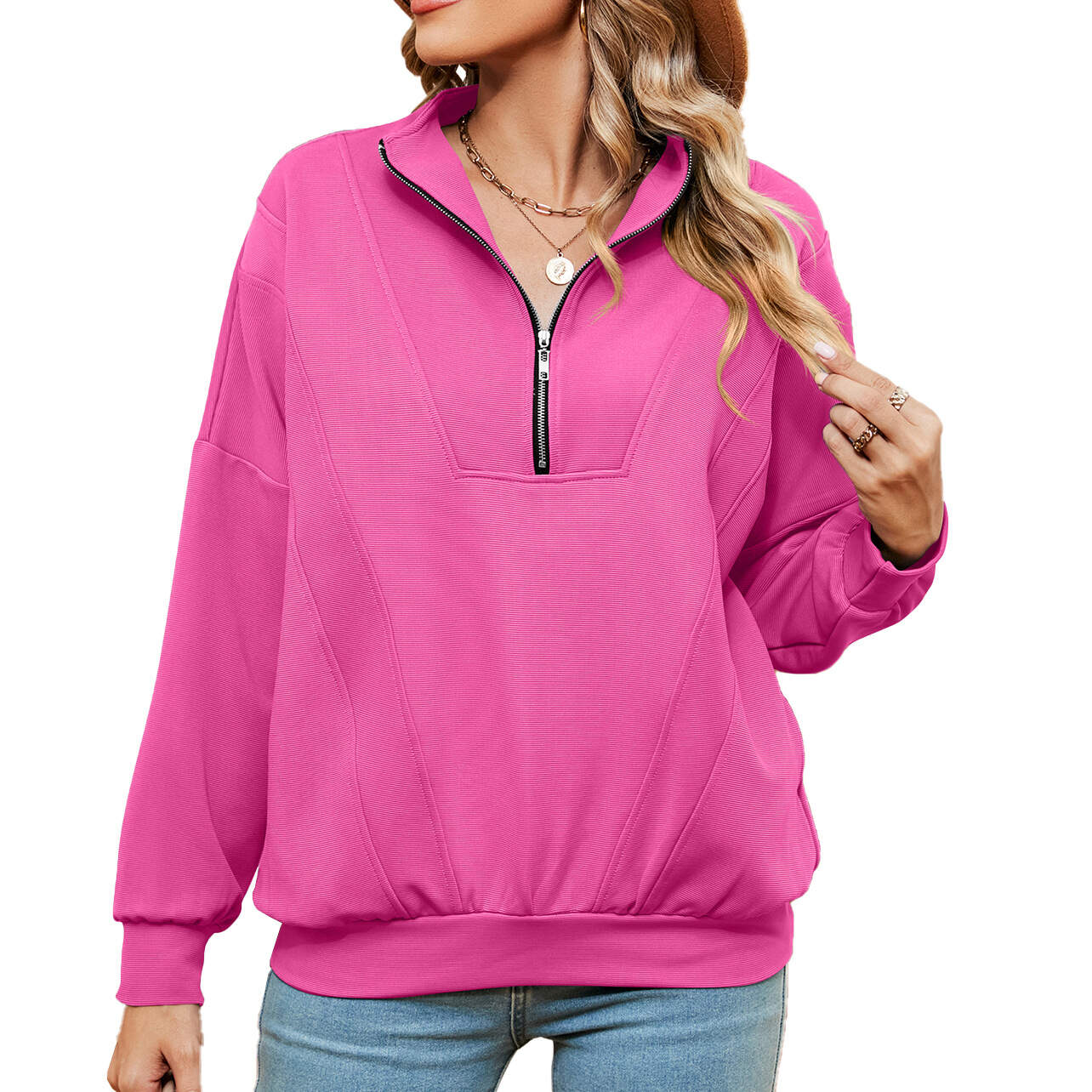 New Solid Color Zip Long Sleeve Waffle Sweatshirt - Buy 3 and get free shipping