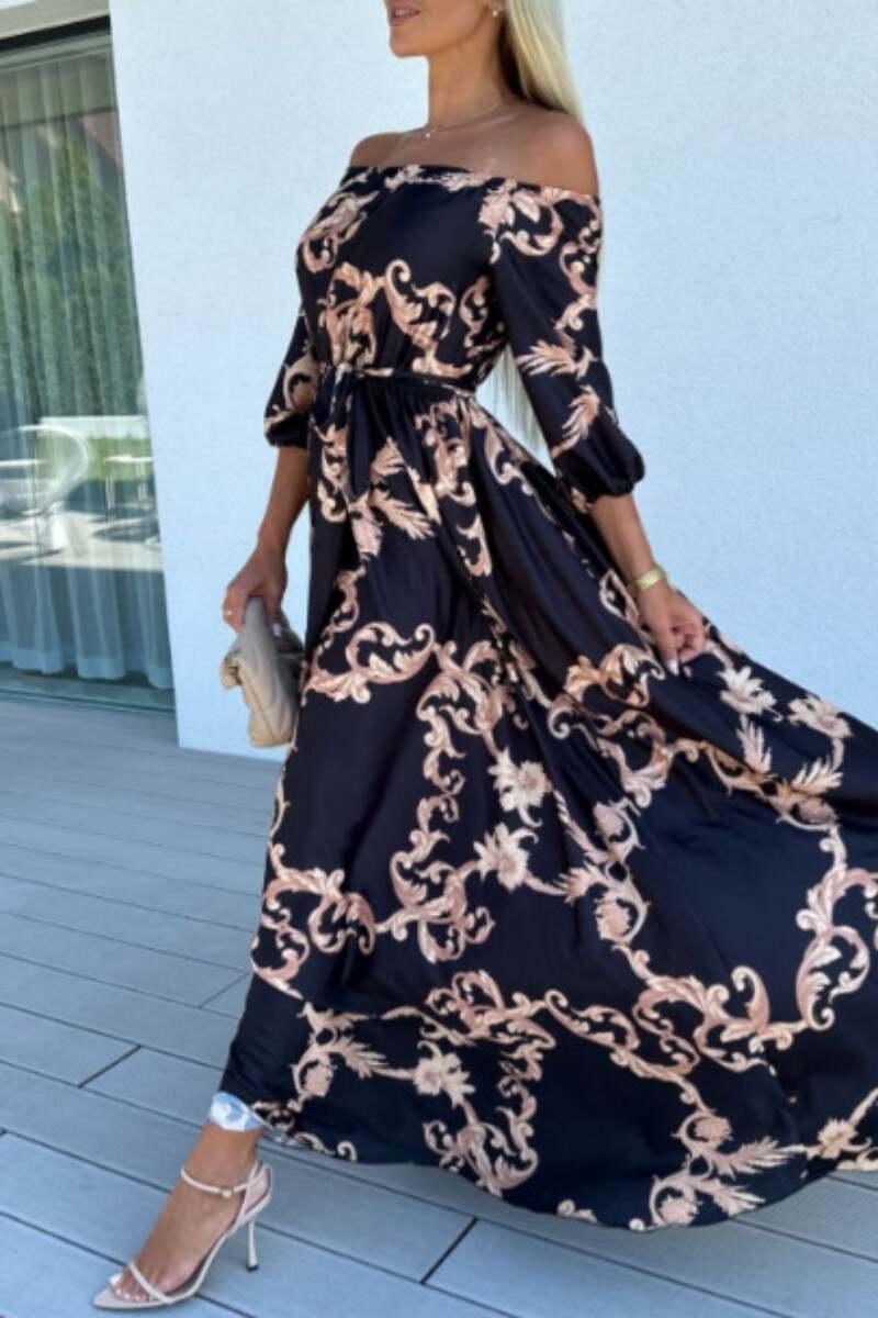 Black Red Casual Print Patchwork Off the Shoulder Long Dress Dresses