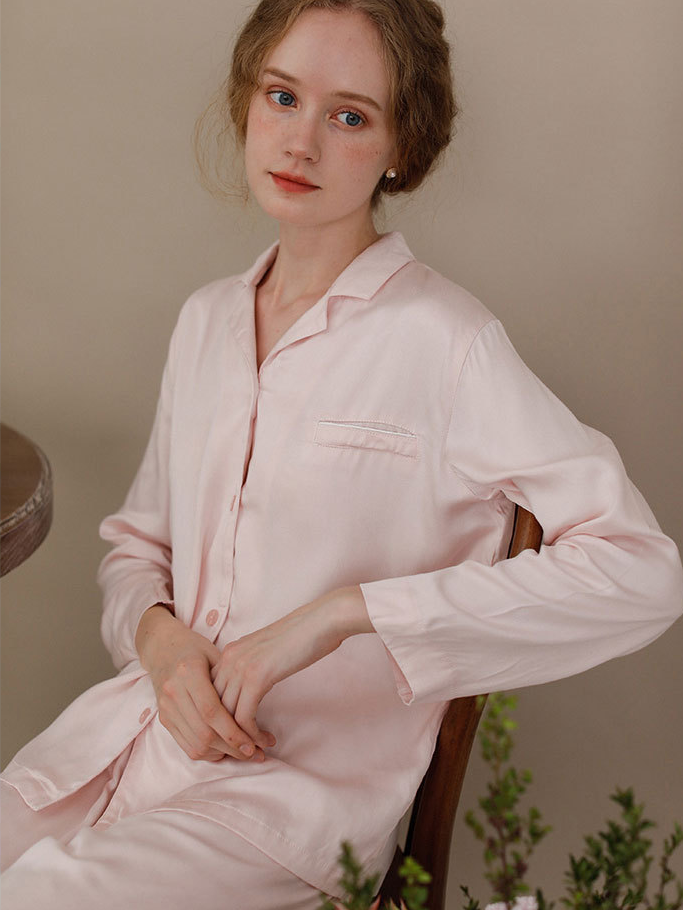 Shawl Collar Plain Elegant Long Sleeve Pajama Set