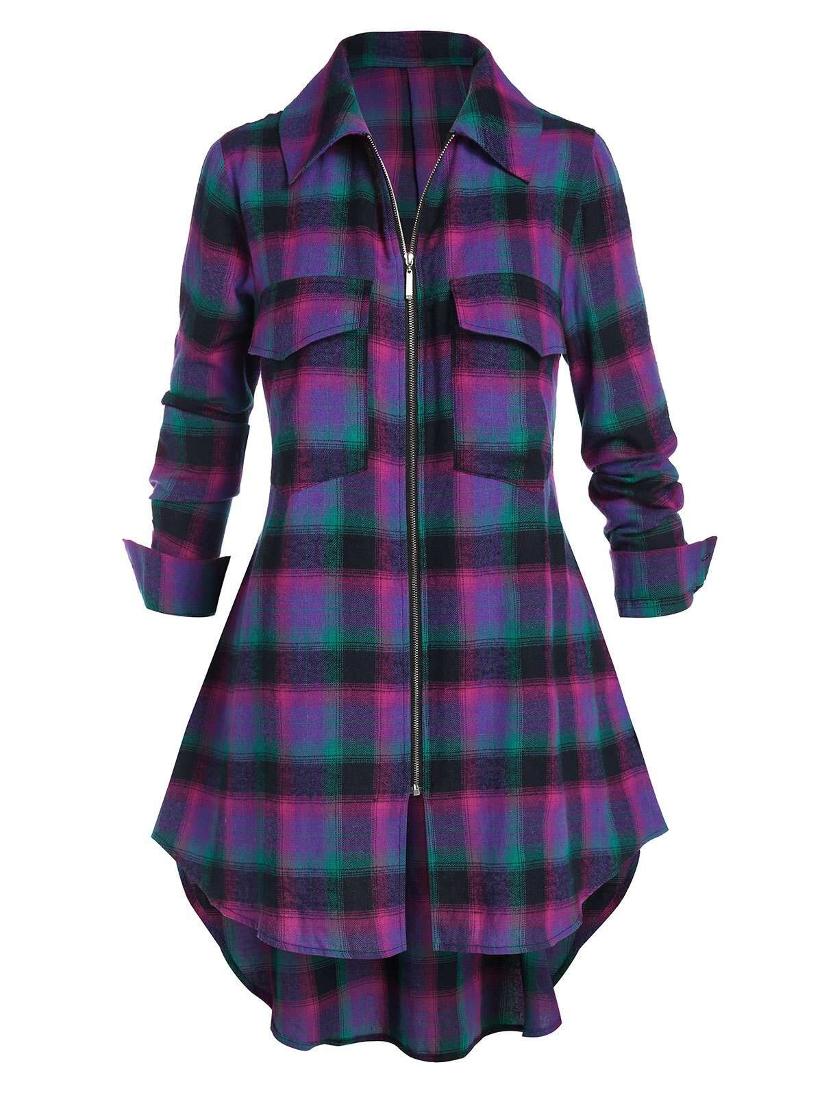 Plus Size Plaid Flap Pocket Zip Curved Hem Blouse