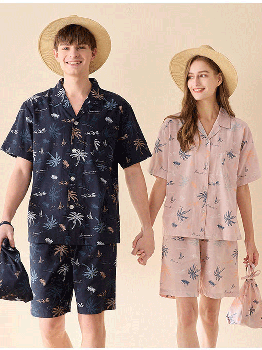 Hawaii Regular Fit Cotton Short Sleeve Couple Pajama Set