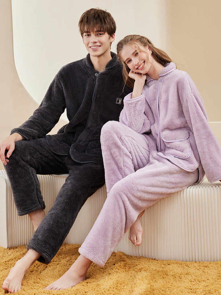 Coral Velvet Loose Plain Simple Long Sleeve Matching Couple Pajama Set