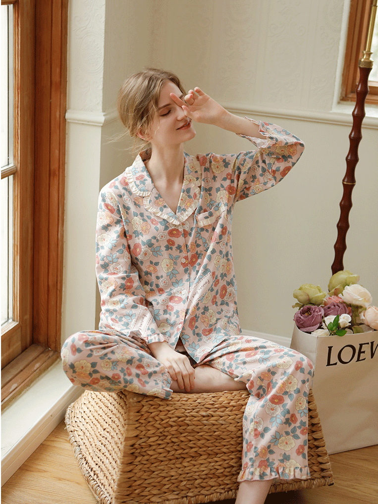 Casual Floral Regular Fit Cotton Simple Long Sleeve Pajama Set