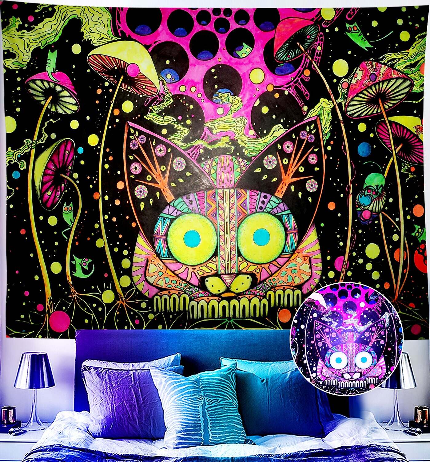 Trippy Blacklight UV Reactive Wall Tapestry Alien Psychedelic Butterfly