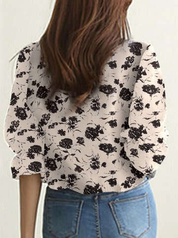 Women Blouses & Shirts | Random Allover Floral Print Crew Neck 3/4 Sleeve Blouse - KX82842
