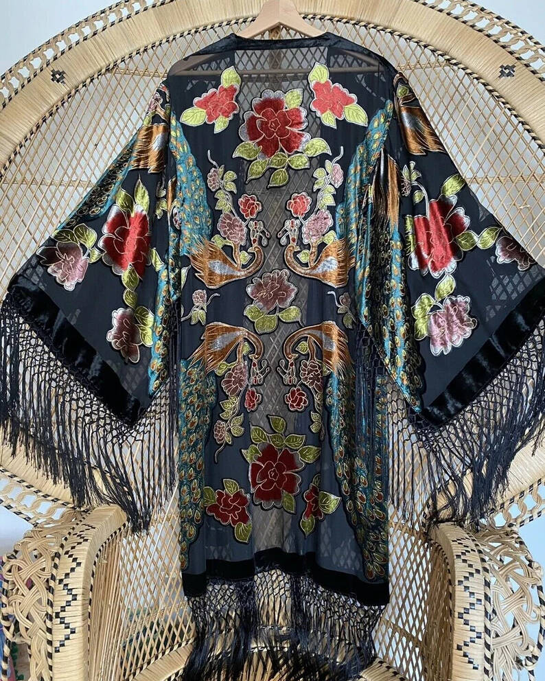 Mid-Length Kimono Fringed Velvet Cardigan Jacket