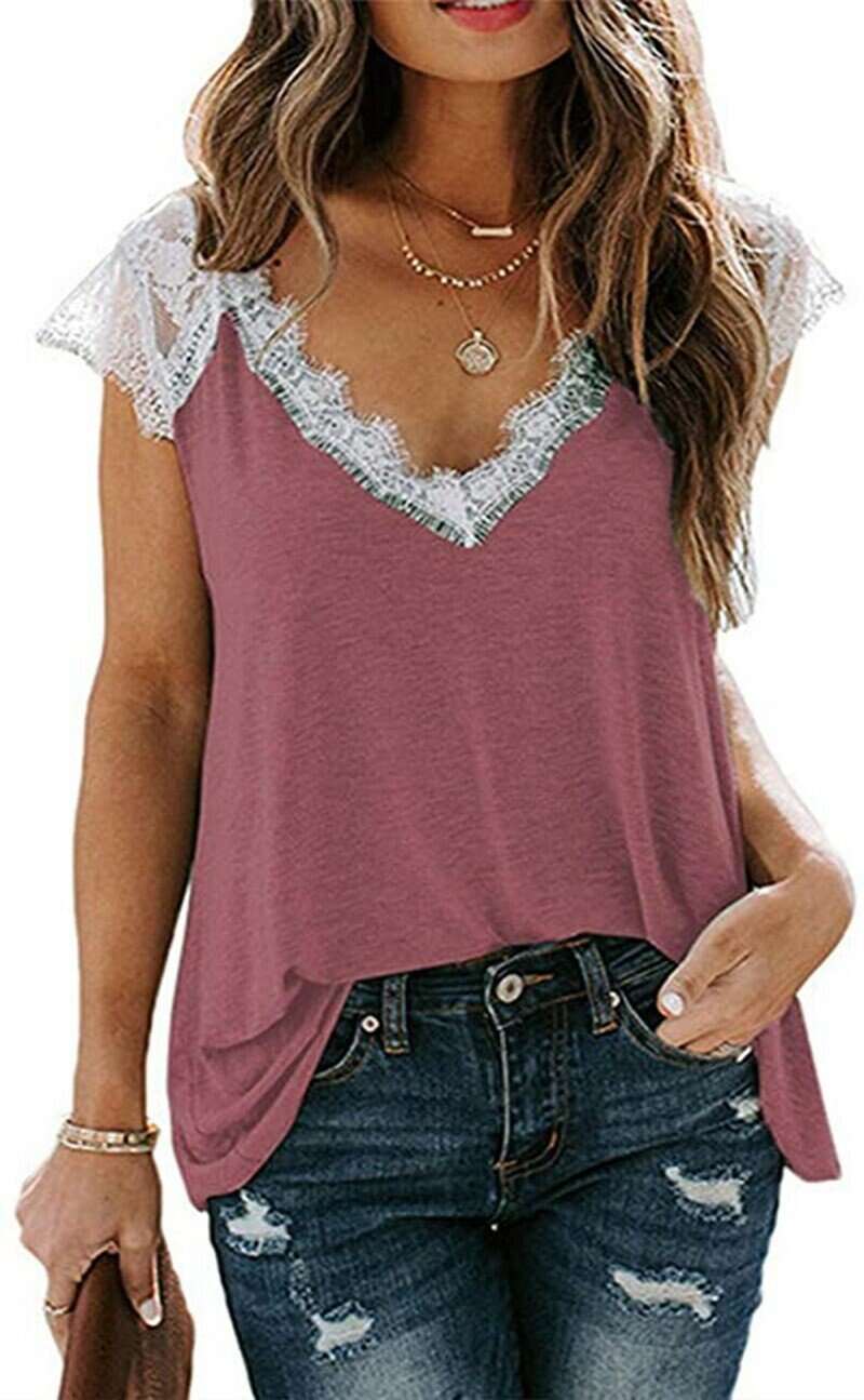 Women's V Neck Lace Vest Summer Casual Short-sleeved Top