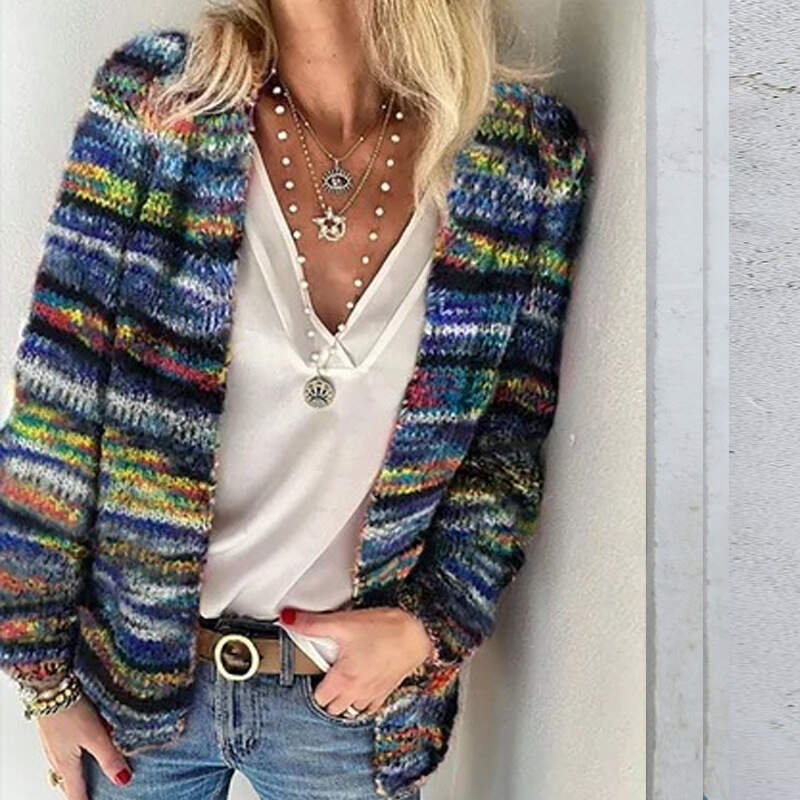 Knitted Women's Rainbow Stripe Sweater Jacket