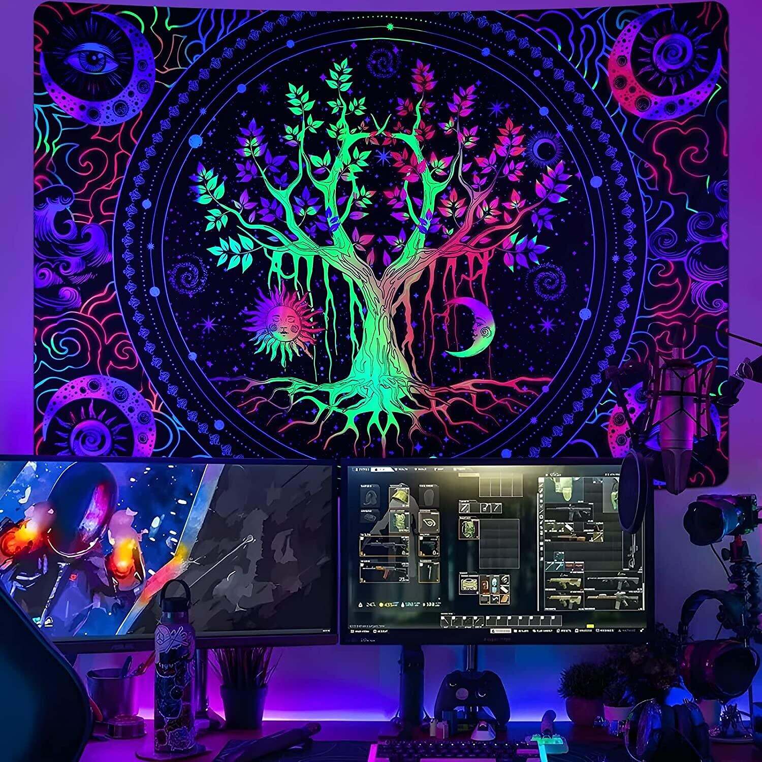 Blacklight Tapestry UV Reactive Trippy Tree of Life Mandala