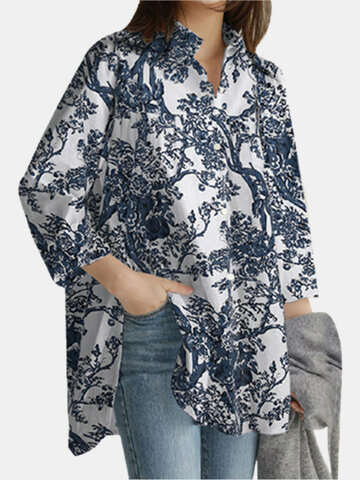 Women Plus Size Blouses & Shirts | Print Long Sleeve Lapel Plus Size Linen Shirt with Button - LJ67009