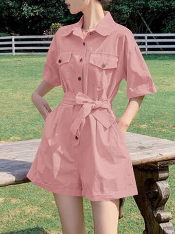 Women Jumpsuits & Rompers | Solid Button Pocket Lapel Short Sleeve Cargo Romper With Belt - VV77153