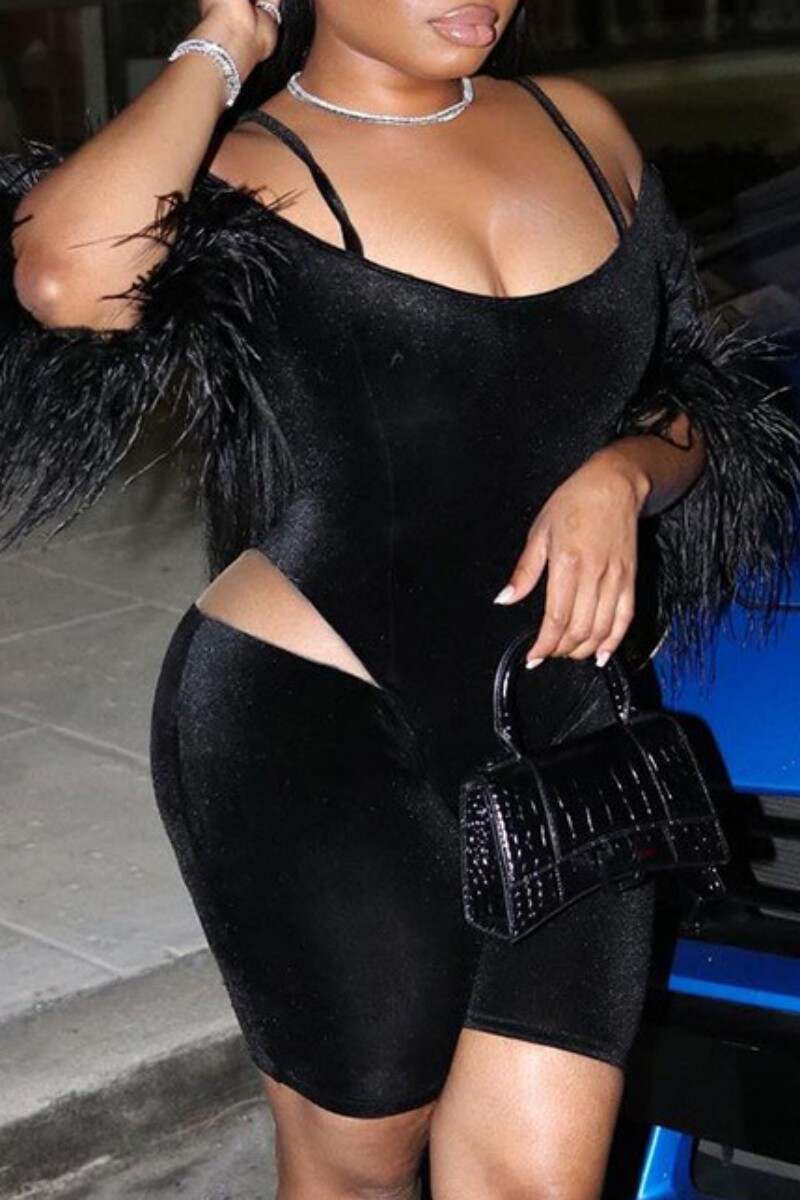 Black Sexy Solid Patchwork See-through O Neck Romper